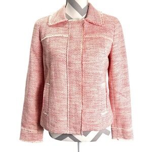 J.Jill Tweed‎ XS Pink Coral Jacket Frayed Trim Collared Zip Button Front Career